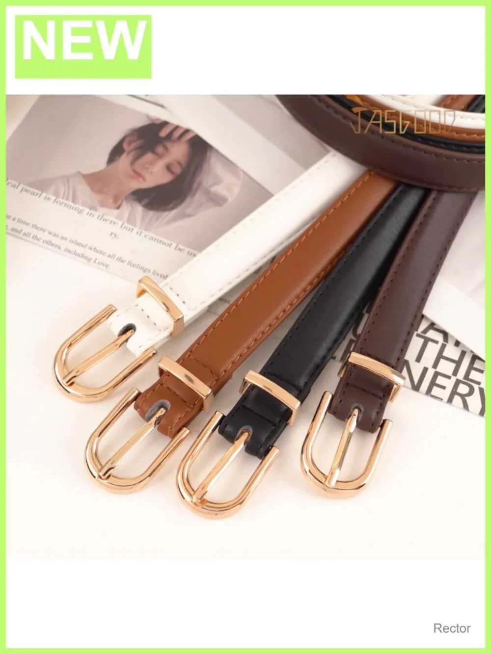 Women's Skinny Faux Leather Belt with Gold Curved Buckle for Jeans Dress
